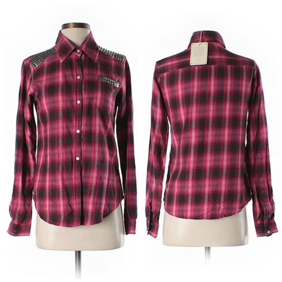 What Goes Around Comes Around Pink & Black Plaid Stud Button Front Shirt Sz S - Picture 1 of 8